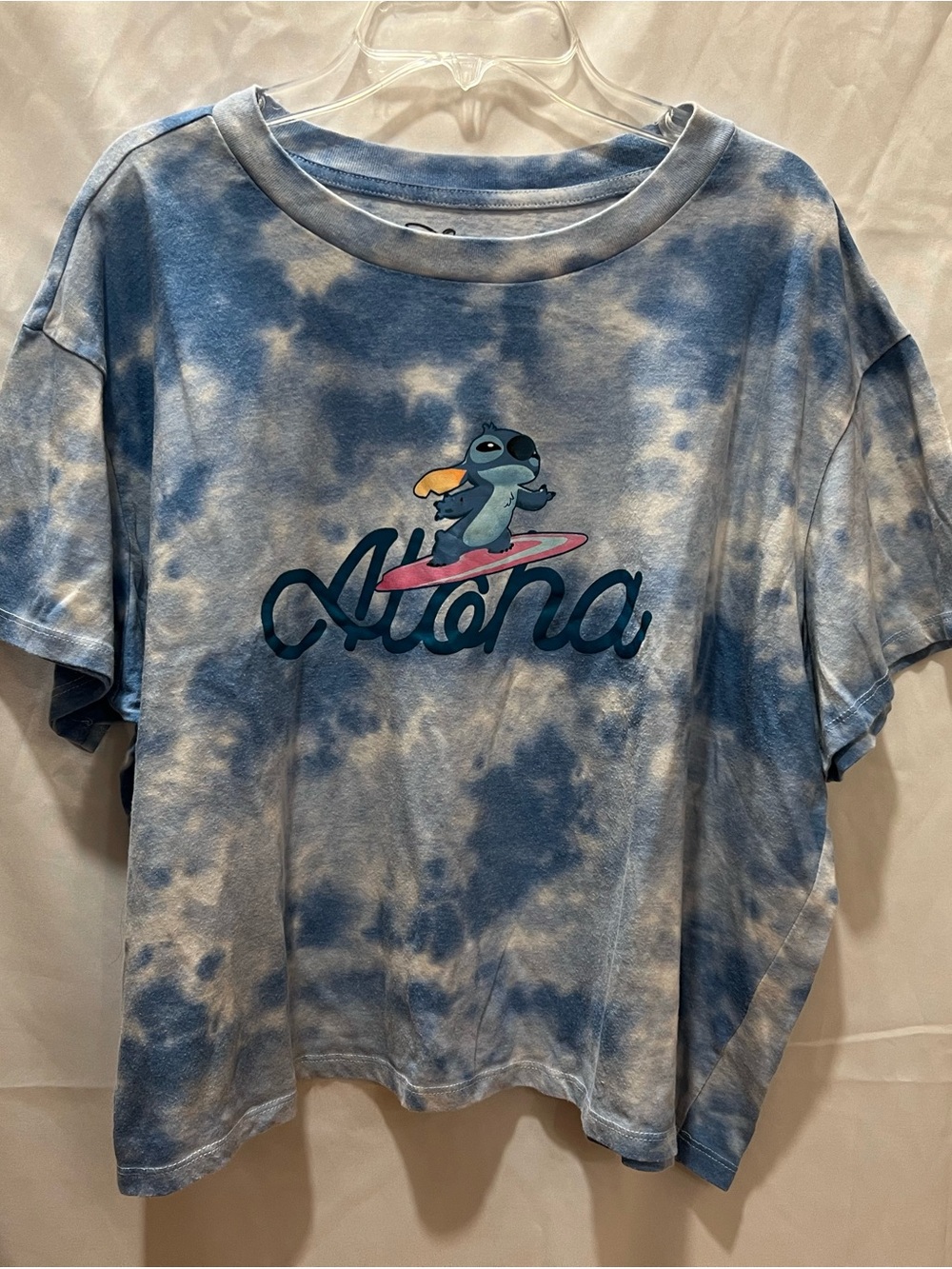Disney Blue & White Tie-Dye Tee with Stitch Surf Aloha Graphic